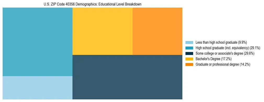 Treemap chart illustrating the educational attainment breakdown for population 25 years and over in US ZIP Code 40356.