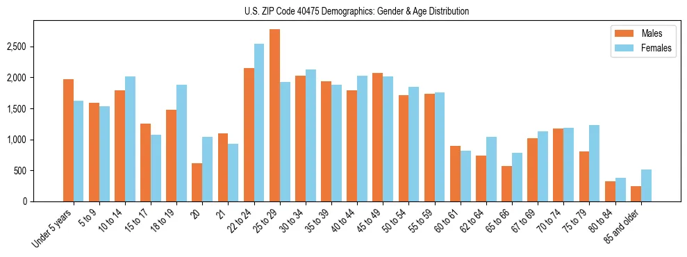 Bar chart showing the population distribution of US ZIP Code 40475 by age group and gender, based on 2023 ACS data.
