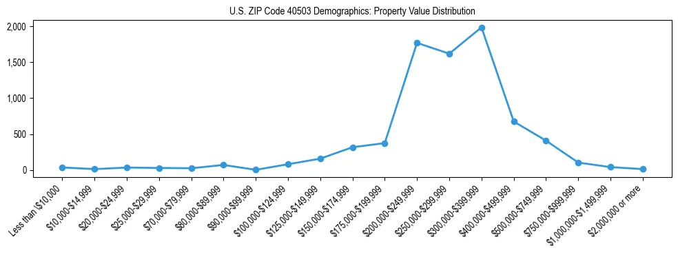 Line chart showing the distribution of property values for owner-occupied housing units in US ZIP Code 40503.