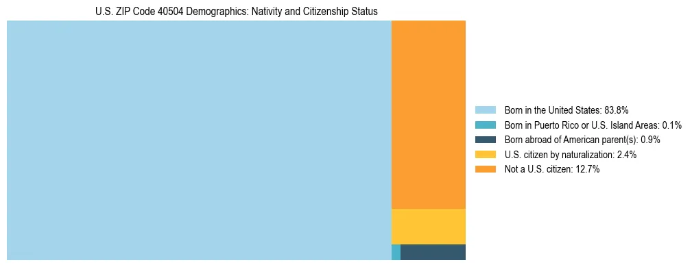 Treemap showing the population distribution by nativity and citizenship status in US ZIP Code 40504 based on U.S. Census data.