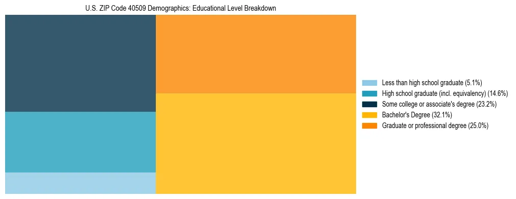 Treemap chart illustrating the educational attainment breakdown for population 25 years and over in US ZIP Code 40509.