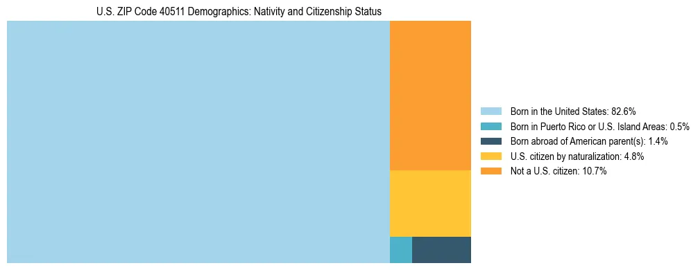 Treemap showing the population distribution by nativity and citizenship status in US ZIP Code 40511 based on U.S. Census data.