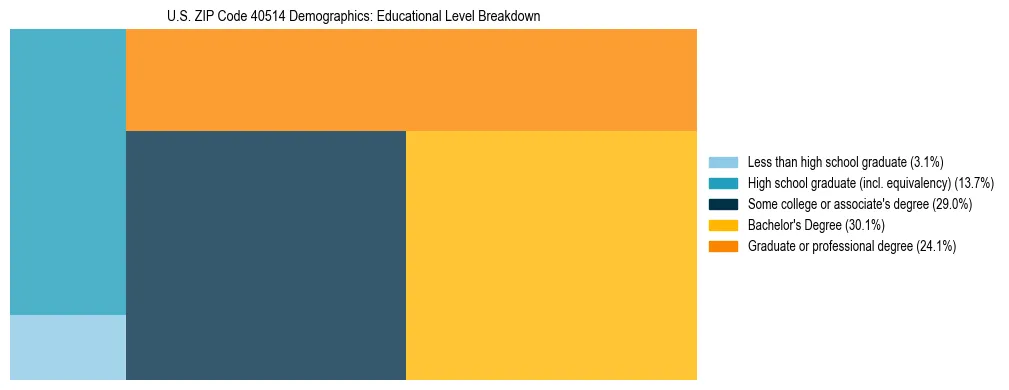 Treemap chart illustrating the educational attainment breakdown for population 25 years and over in US ZIP Code 40514.