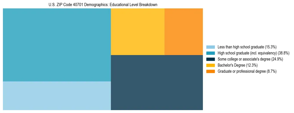 Treemap chart illustrating the educational attainment breakdown for population 25 years and over in US ZIP Code 40701.