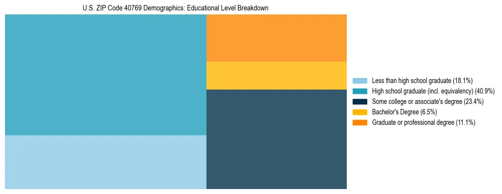 Treemap chart illustrating the educational attainment breakdown for population 25 years and over in US ZIP Code 40769.