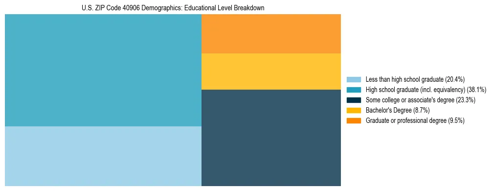 Treemap chart illustrating the educational attainment breakdown for population 25 years and over in US ZIP Code 40906.
