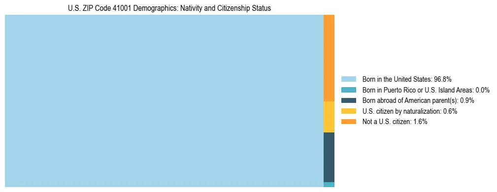 Treemap showing the population distribution by nativity and citizenship status in US ZIP Code 41001 based on U.S. Census data.