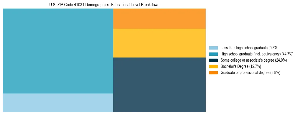 Treemap chart illustrating the educational attainment breakdown for population 25 years and over in US ZIP Code 41031.