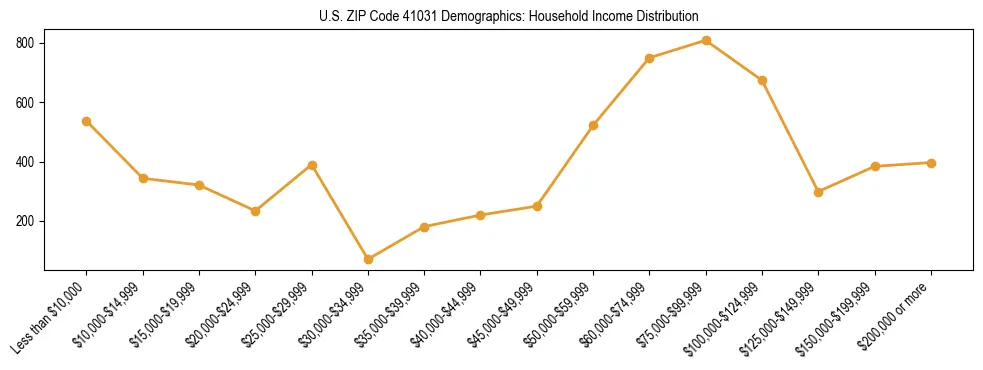 Horizontal bar chart showing household income distribution in US ZIP Code 41031.