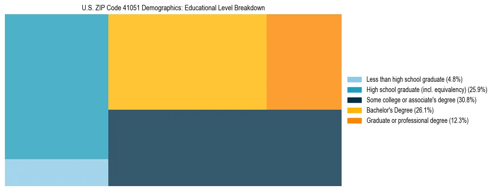 Treemap chart illustrating the educational attainment breakdown for population 25 years and over in US ZIP Code 41051.