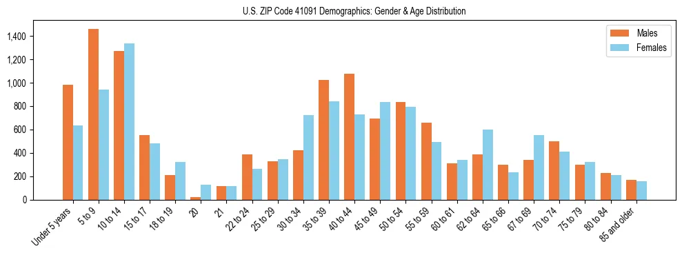 Bar chart showing the population distribution of US ZIP Code 41091 by age group and gender, based on 2023 ACS data.