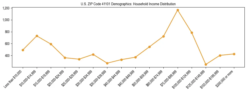 Horizontal bar chart showing household income distribution in US ZIP Code 41101.