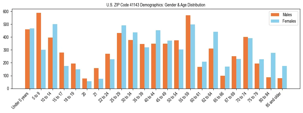 Bar chart showing the population distribution of US ZIP Code 41143 by age group and gender, based on 2023 ACS data.