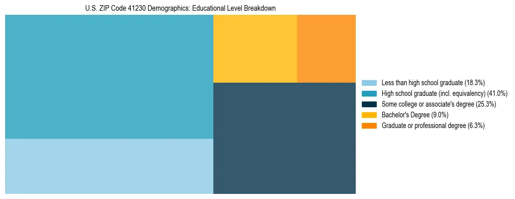 Treemap chart illustrating the educational attainment breakdown for population 25 years and over in US ZIP Code 41230.