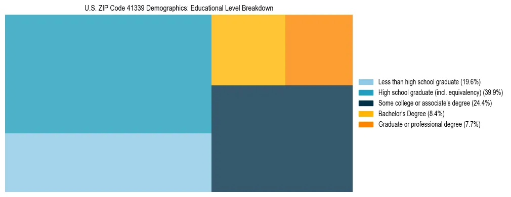 Treemap chart illustrating the educational attainment breakdown for population 25 years and over in US ZIP Code 41339.