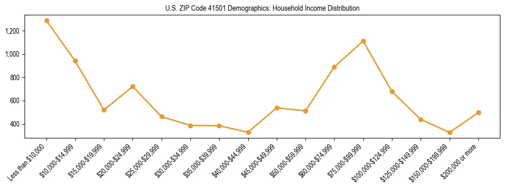 Horizontal bar chart showing household income distribution in US ZIP Code 41501.