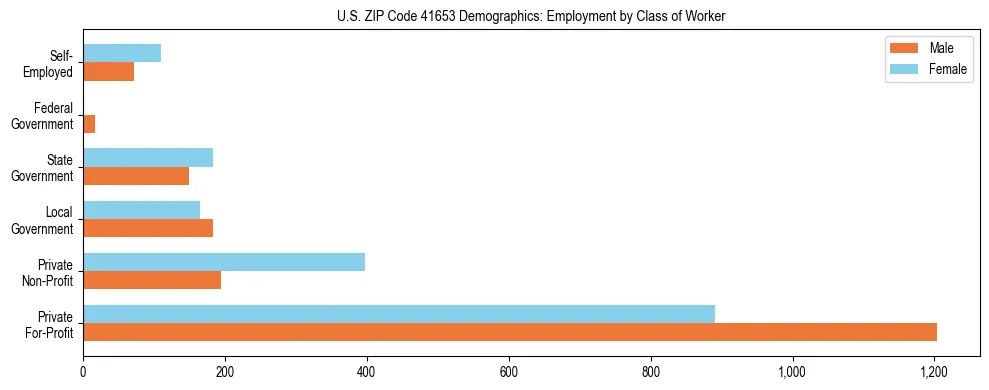 Horizontal bar chart showing employment distribution by class of worker and gender in US ZIP Code 41653, based on 2023 ACS data.