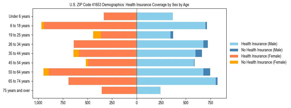 Pyramid chart showing health insurance coverage by age and sex in US ZIP Code 41653.