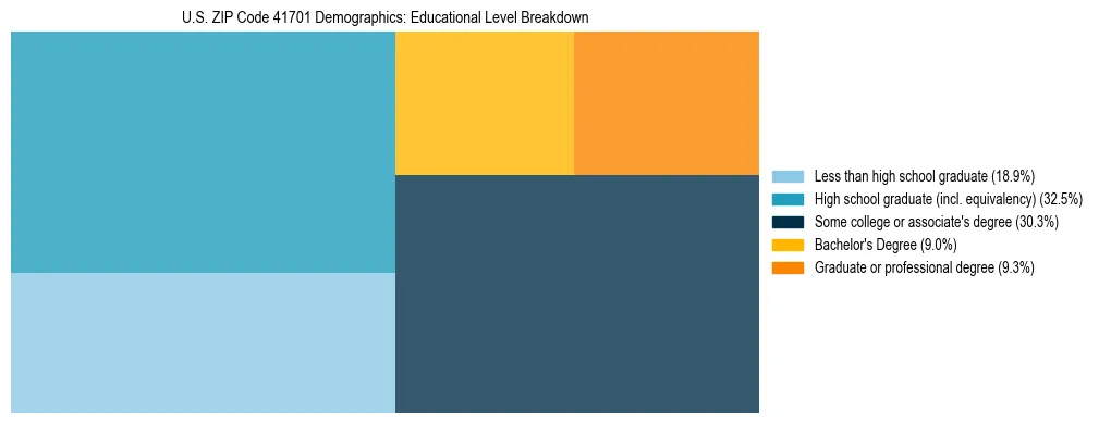 Treemap chart illustrating the educational attainment breakdown for population 25 years and over in US ZIP Code 41701.