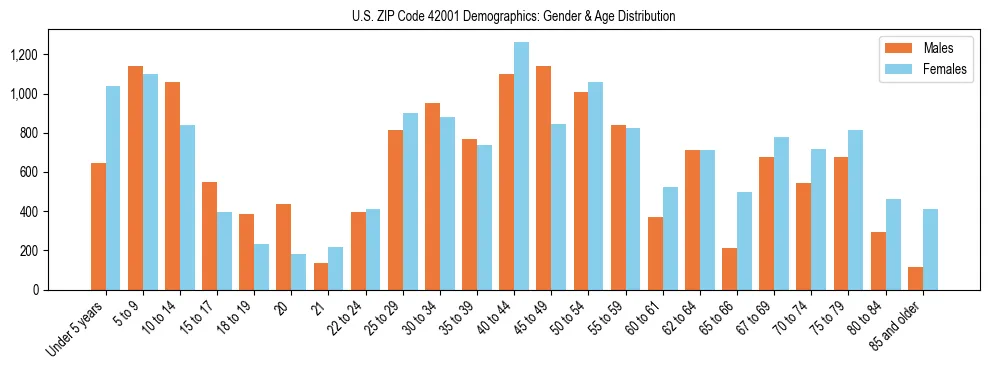 Bar chart showing the population distribution of US ZIP Code 42001 by age group and gender, based on 2023 ACS data.