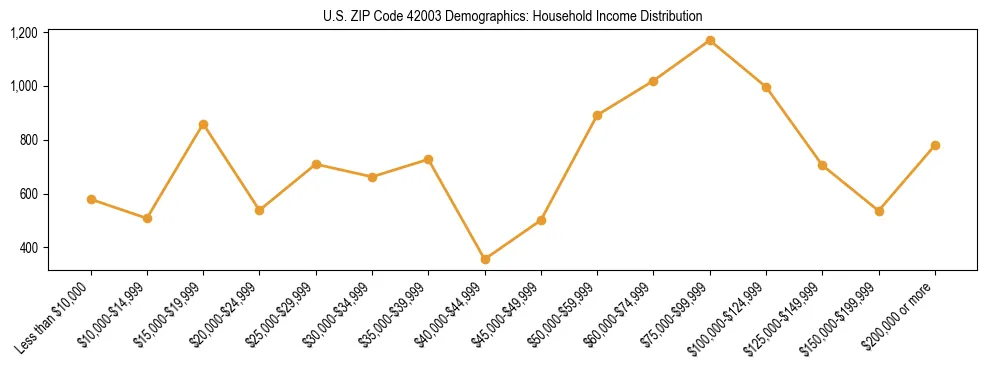Horizontal bar chart showing household income distribution in US ZIP Code 42003.