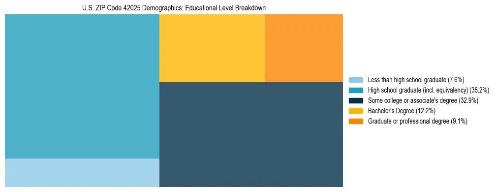 Treemap chart illustrating the educational attainment breakdown for population 25 years and over in US ZIP Code 42025.