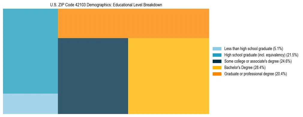 Treemap chart illustrating the educational attainment breakdown for population 25 years and over in US ZIP Code 42103.