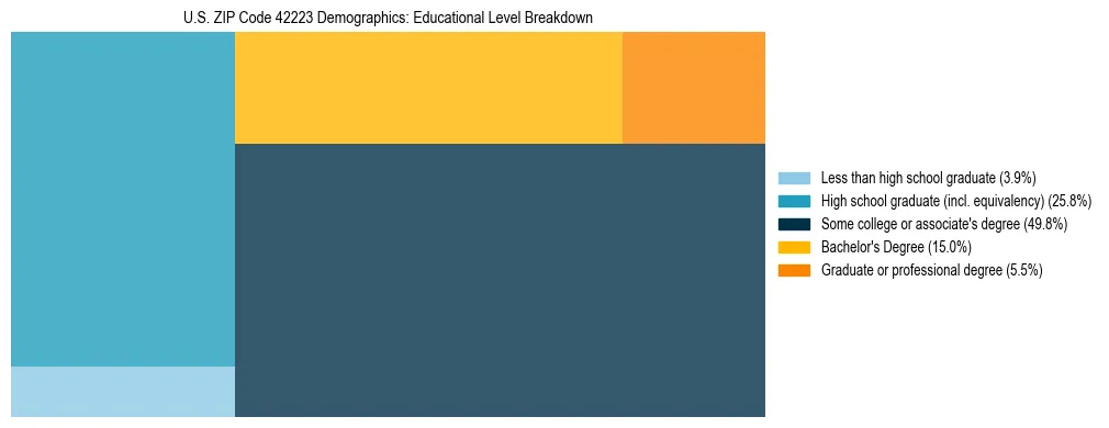 Treemap chart illustrating the educational attainment breakdown for population 25 years and over in US ZIP Code 42223.