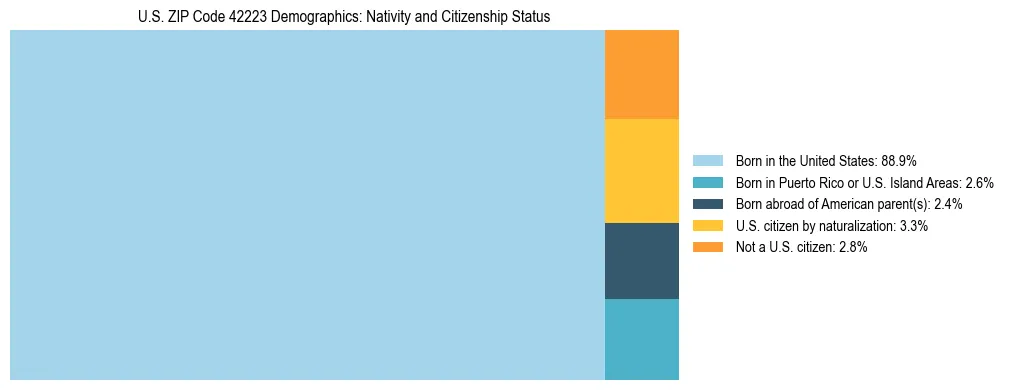 Treemap showing the population distribution by nativity and citizenship status in US ZIP Code 42223 based on U.S. Census data.