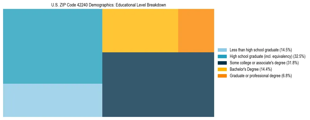 Treemap chart illustrating the educational attainment breakdown for population 25 years and over in US ZIP Code 42240.