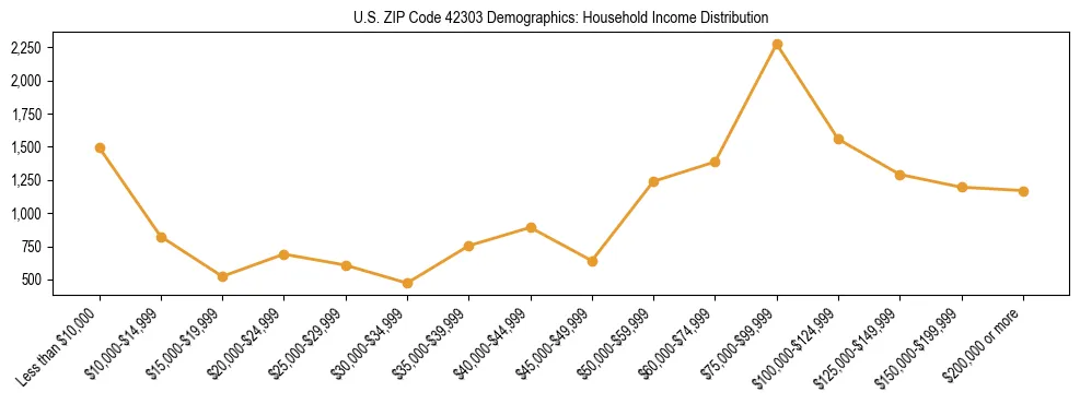 Horizontal bar chart showing household income distribution in US ZIP Code 42303.