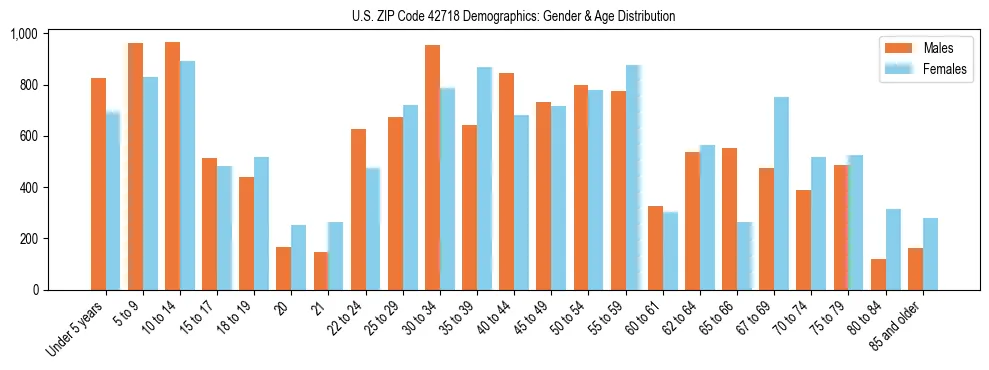 Bar chart showing the population distribution of US ZIP Code 42718 by age group and gender, based on 2023 ACS data.