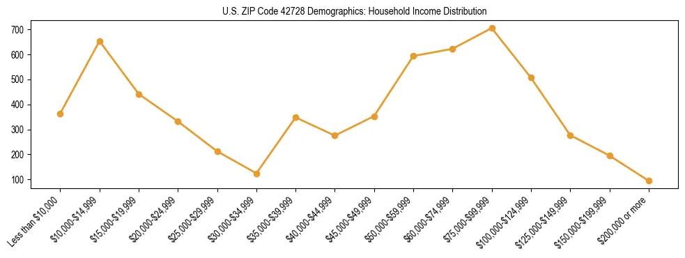 Horizontal bar chart showing household income distribution in US ZIP Code 42728.