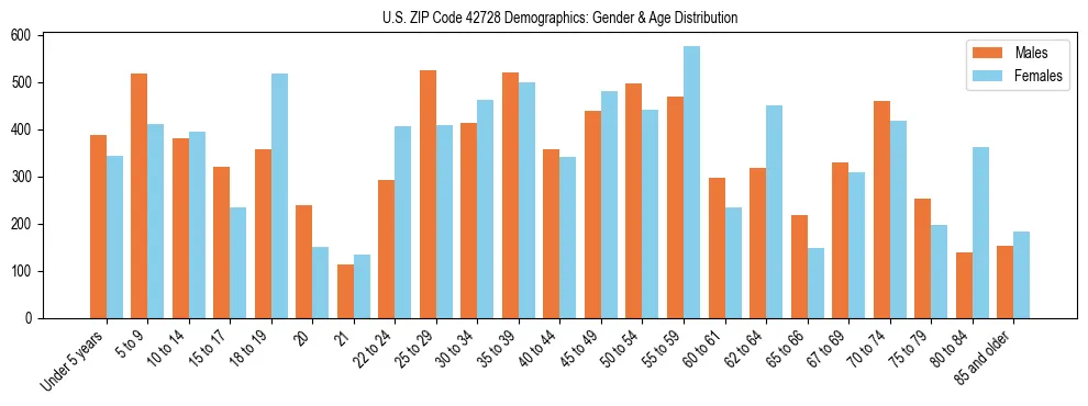 Bar chart showing the population distribution of US ZIP Code 42728 by age group and gender, based on 2023 ACS data.