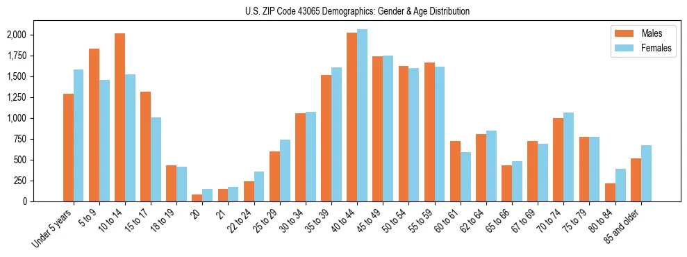 Bar chart showing the population distribution of US ZIP Code 43065 by age group and gender, based on 2023 ACS data.