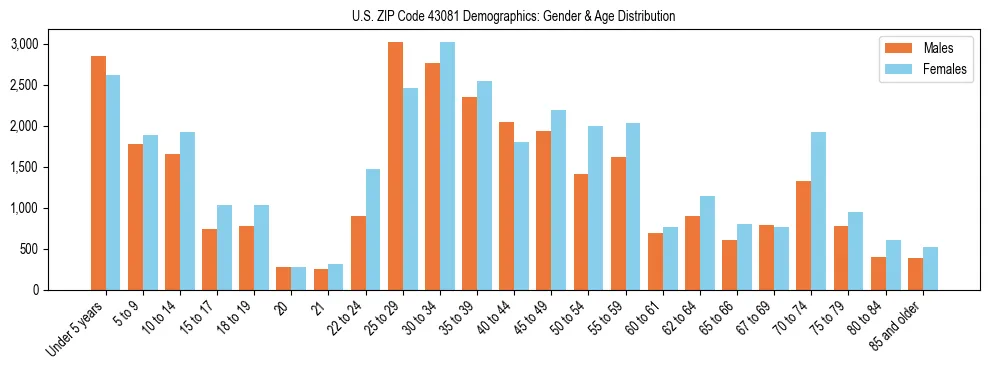 Bar chart showing the population distribution of US ZIP Code 43081 by age group and gender, based on 2023 ACS data.