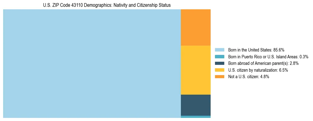 Treemap showing the population distribution by nativity and citizenship status in US ZIP Code 43110 based on U.S. Census data.
