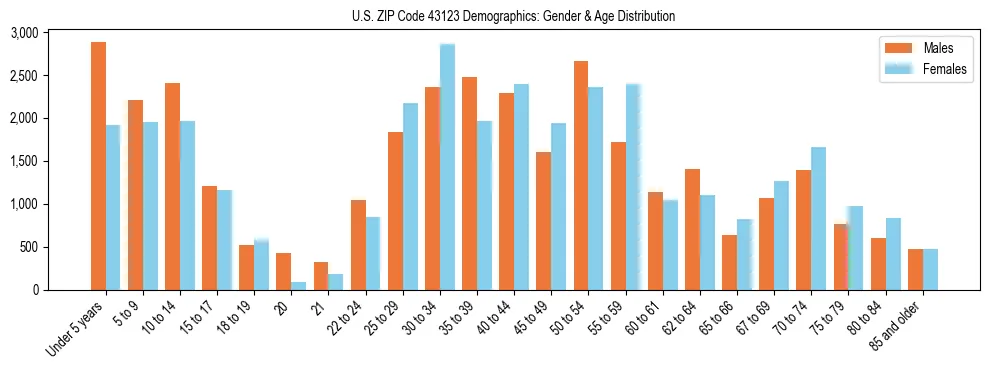 Bar chart showing the population distribution of US ZIP Code 43123 by age group and gender, based on 2023 ACS data.