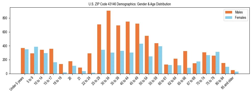 Bar chart showing the population distribution of US ZIP Code 43146 by age group and gender, based on 2023 ACS data.