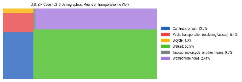 Treemap showing means of transportation to work distribution in US ZIP Code 43210.