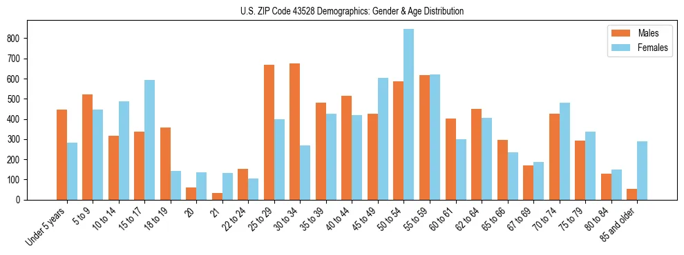 Bar chart showing the population distribution of US ZIP Code 43528 by age group and gender, based on 2023 ACS data.