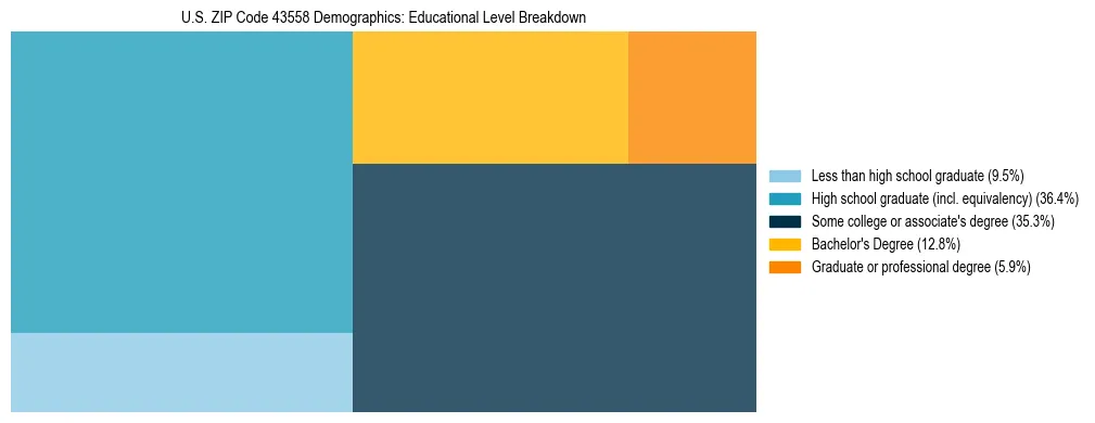 Treemap chart illustrating the educational attainment breakdown for population 25 years and over in US ZIP Code 43558.