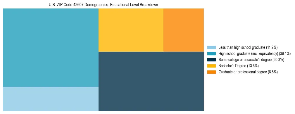 Treemap chart illustrating the educational attainment breakdown for population 25 years and over in US ZIP Code 43607.