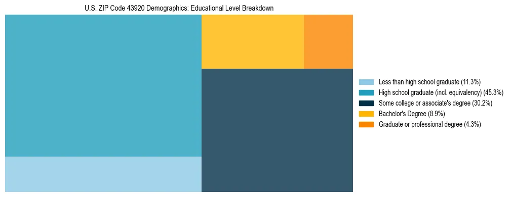 Treemap chart illustrating the educational attainment breakdown for population 25 years and over in US ZIP Code 43920.