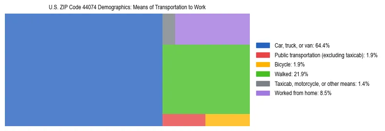 Treemap showing means of transportation to work distribution in US ZIP Code 44074.