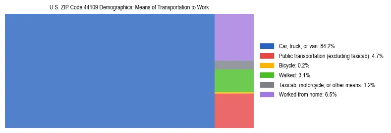 Treemap showing means of transportation to work distribution in US ZIP Code 44109.
