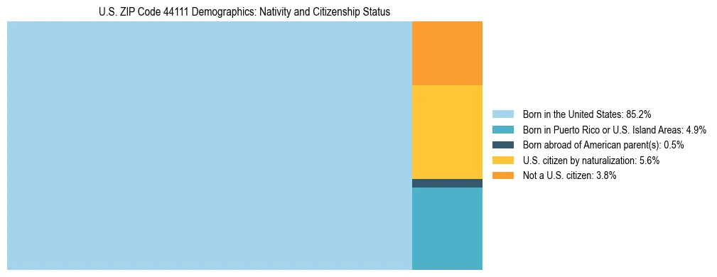 Treemap showing the population distribution by nativity and citizenship status in US ZIP Code 44111 based on U.S. Census data.