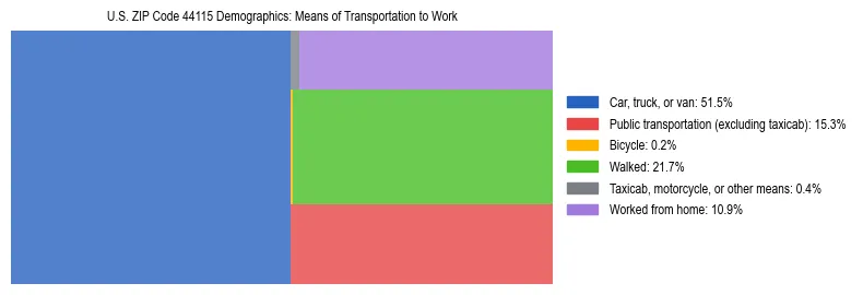 Treemap showing means of transportation to work distribution in US ZIP Code 44115.
