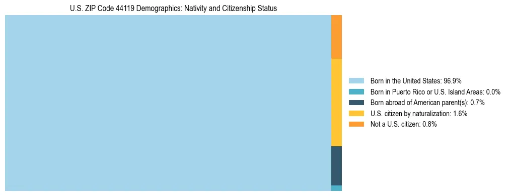 Treemap showing the population distribution by nativity and citizenship status in US ZIP Code 44119 based on U.S. Census data.