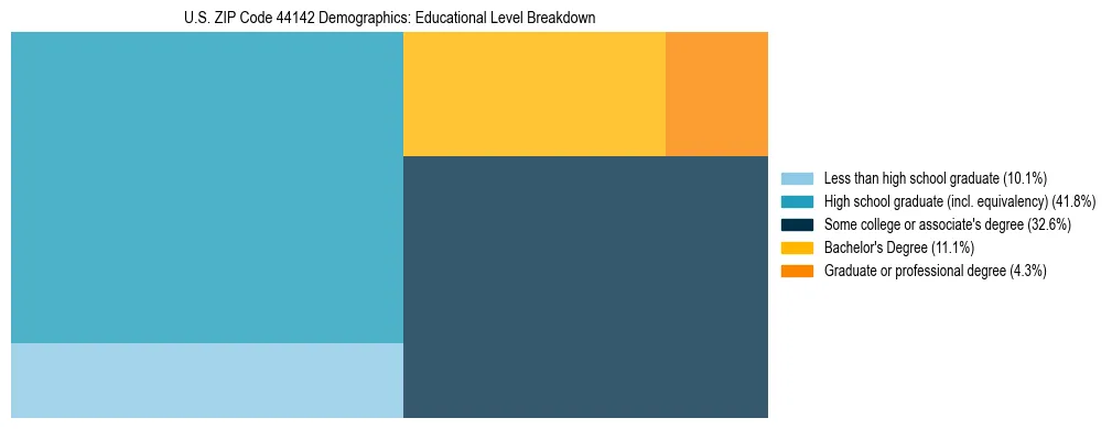 Treemap chart illustrating the educational attainment breakdown for population 25 years and over in US ZIP Code 44142.